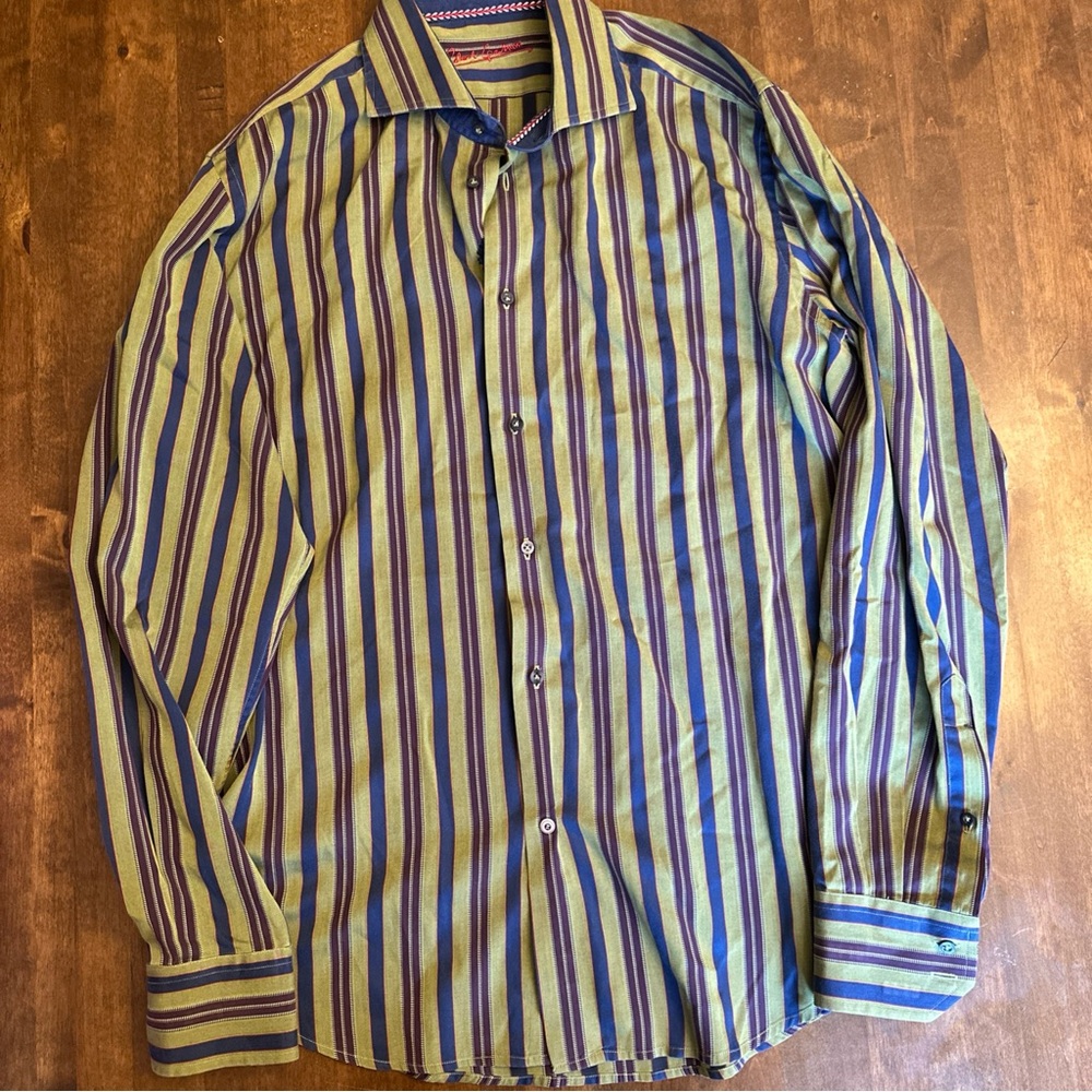 Robert Graham L Button Down Shirt Stripes Cotton Unique Green Blue Office Casual